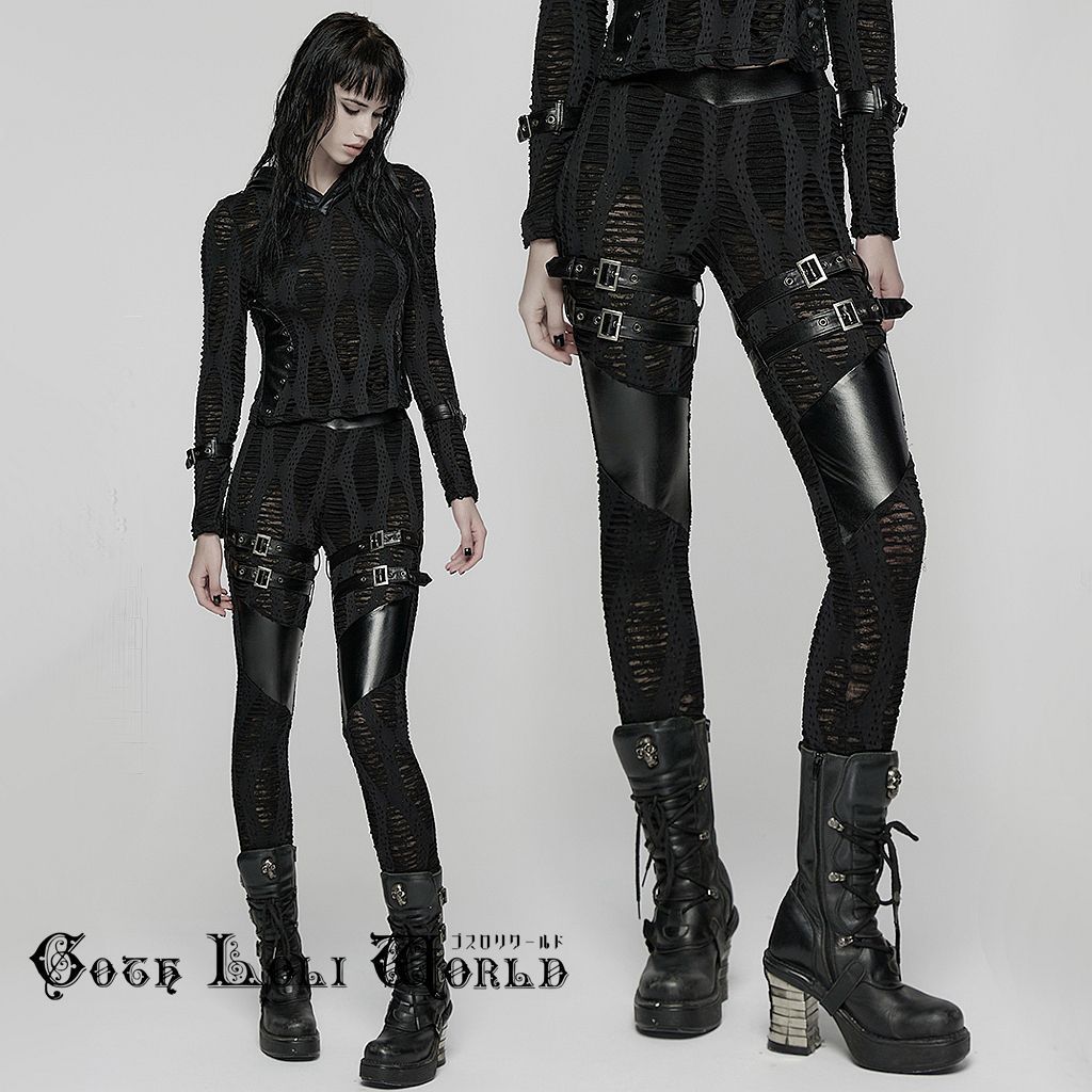 ゴスロリワールド WK-743DDF-BK パンク ロック ファッション ベルト ダメージ レギンス スキニー ロングパンツ ゴシック ビジュアル系 V系 モード系