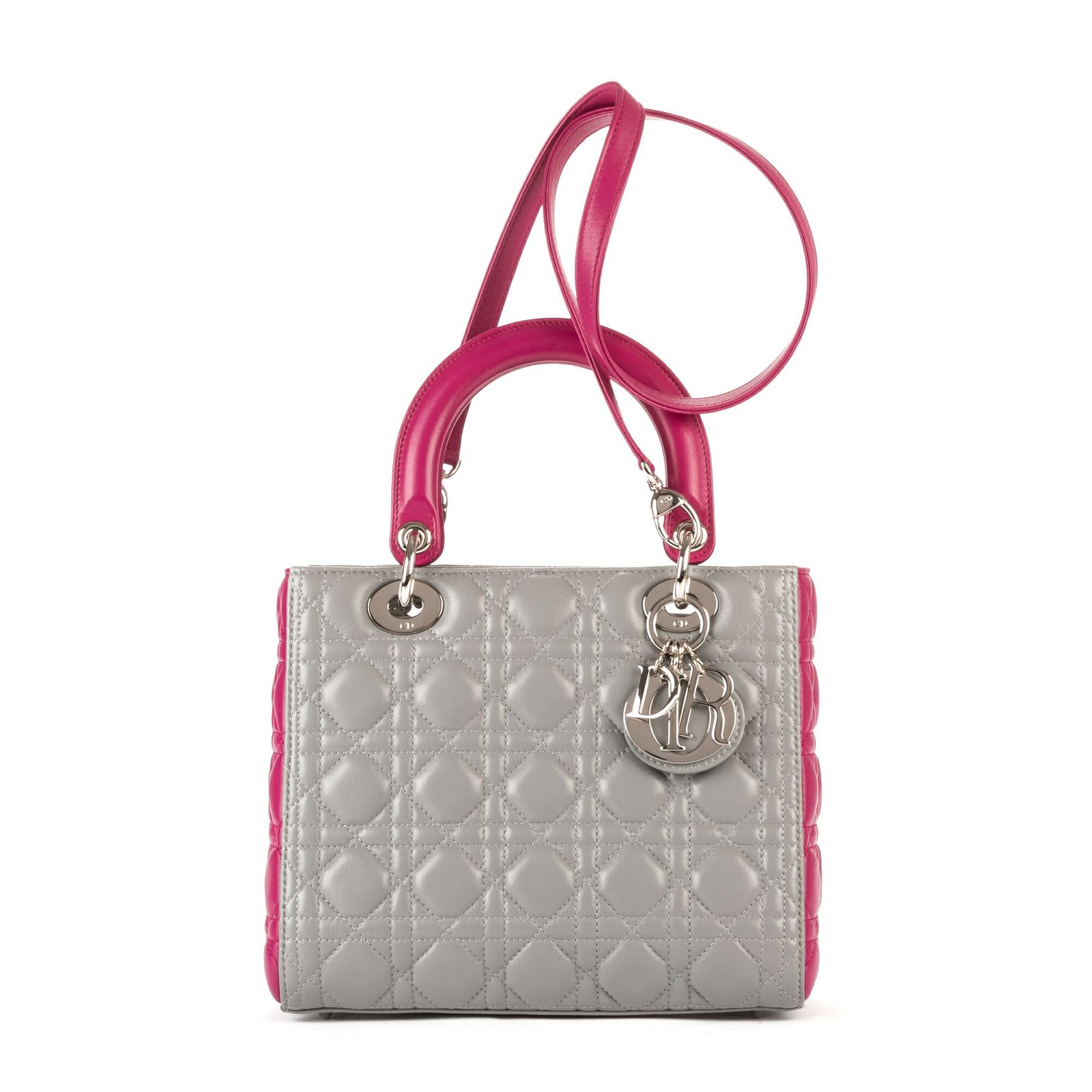 Dior レディディオール グレー ミディアムサイズ 中古] DIOR ディオールミディアム レディ ディオール ジップグレーカナ