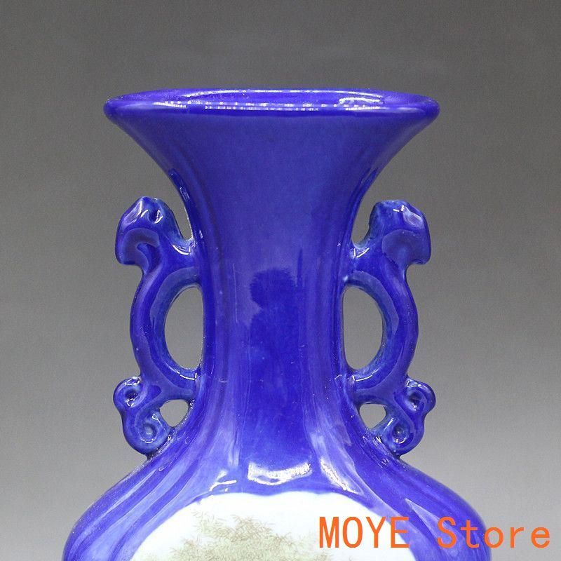 斉藍釉開窓西廂記両耳瓶  景徳鎮 陶磁器 装飾品 現代工芸品 美術品 置物 斉藍釉開窓西廂記両耳瓶 景徳鎮 陶磁器 装飾品 現代工芸品 美術