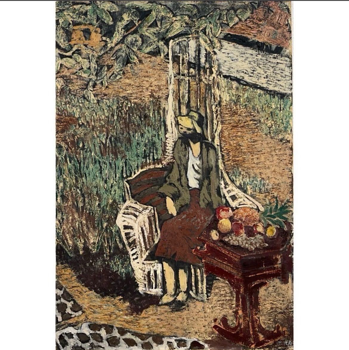 油彩（日本人画家） 真作 安藤育宏 1987年油彩「梅郷好日」画寸 F6 栃木県出身