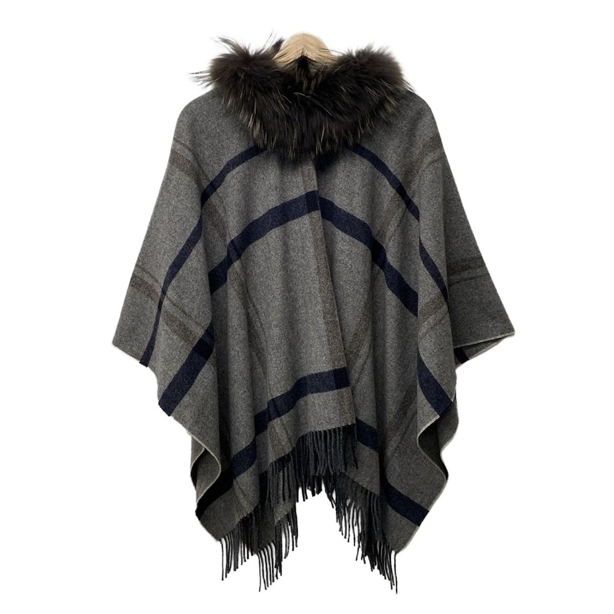 ジユウク ポンチョ サイズF レディース - グレー×ダークネイビー×ダークブラウン チャイニーズラクーン チェック柄 秋 冬