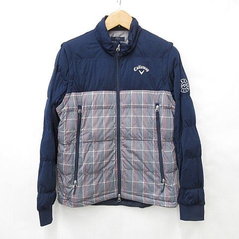 キャロウェイ CALLAWAY ジャケット ベスト ゴルフ スポーツウェア 2WAY 中綿 ロゴ ジップアップ チェック柄 千鳥柄 紺 白 ネイビー ホワイト L