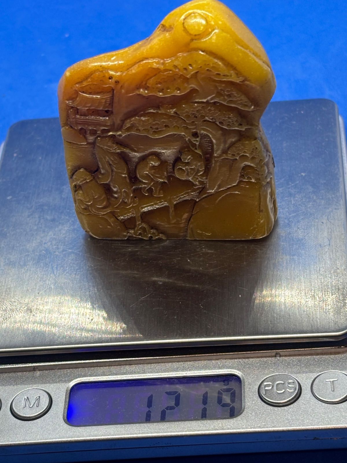 寿山石田黄石彫刻置物「松下問童子」70 × 54× 21mm122g印材4875