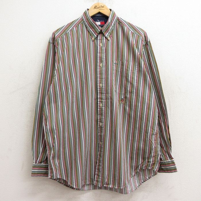 XL/古着 トミーヒルフィガー 長袖 ブランド シャツ 90s ワンポイントロゴ マルチカラー コットン ボタンダウン 紺他 ネイビー ストライプ 2