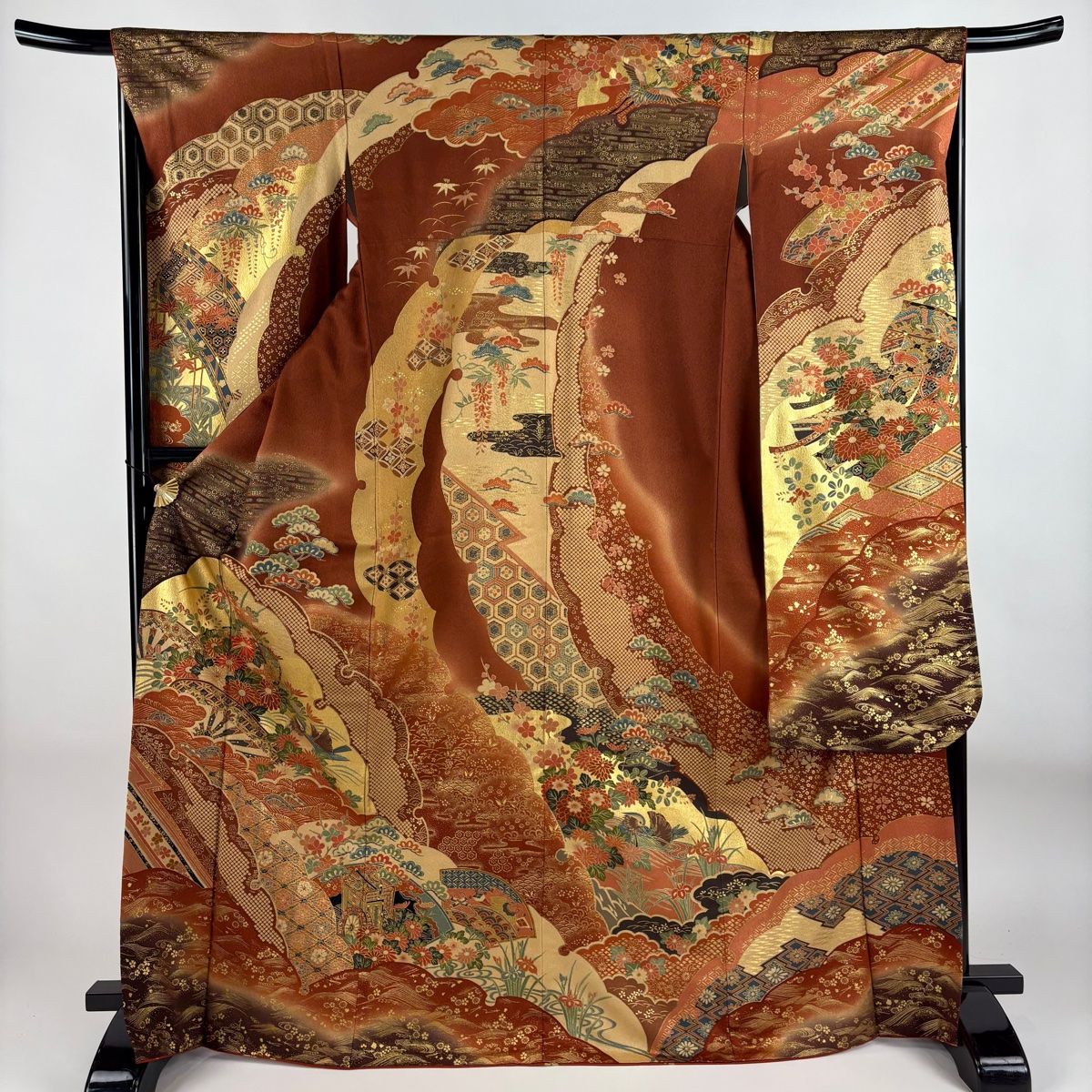 振袖 身丈169.5cm 裄丈67cm M 袷 雪輪 花鳥 金彩 ぼかし 茶色 正絹 名品