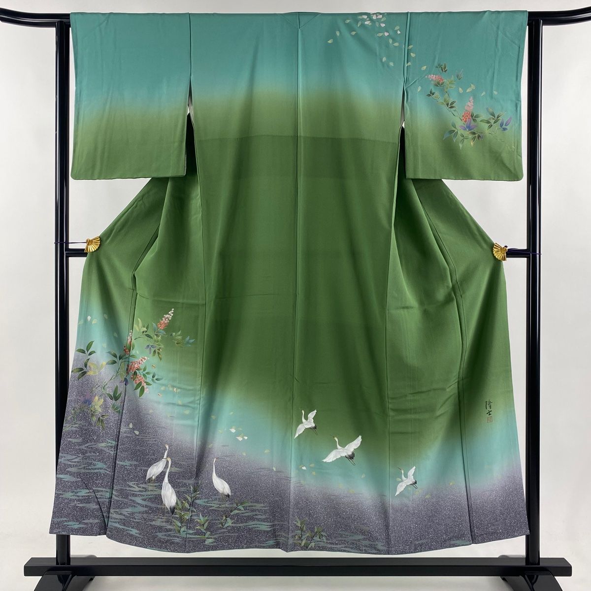 訪問着 身丈152cm 裄丈62cm S 袷 藤本隆士 落款 鳥 葉と実 螺鈿 金彩 緑 正絹
