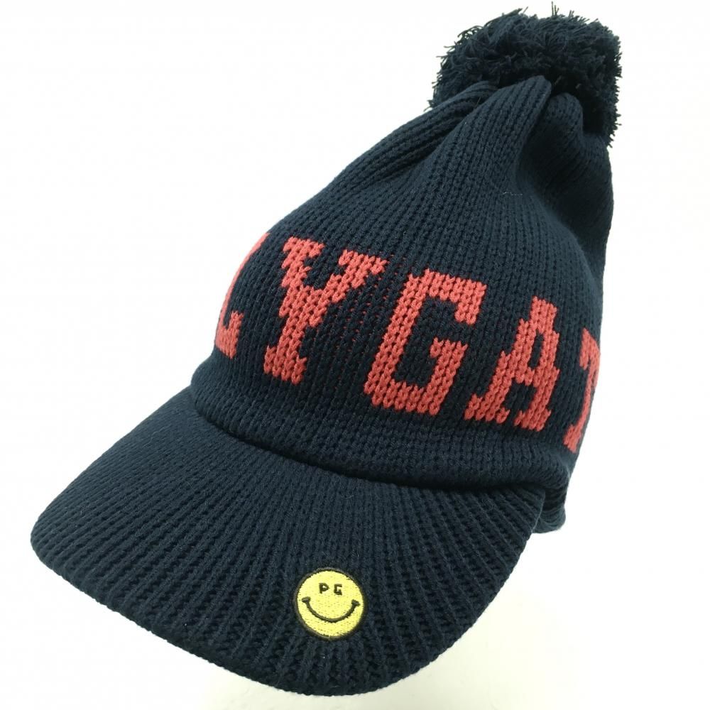 【美品】PEARLY GATES パーリーゲイツ つば付きニット帽 レッド ワッペン刺繍 裏地フリース フリー アクセサリー ゴルフウェア 4E1 パーリーゲイツ つば付ニット帽 ネイビー×白 ウール混 ボンボン付 FR