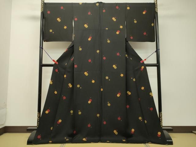 平和屋着物●上質な小紋　雪輪舞桜文　黒地　ロング丈　正絹　逸品　DAAR4417tw 平和屋着物○上質な小紋 雪輪舞桜文 黒地 ロング丈 正絹 逸品