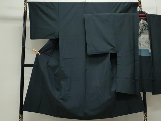 平和屋着物●男性 紬 アンサンブル 色無地 黒色 正絹 CAAS9325th