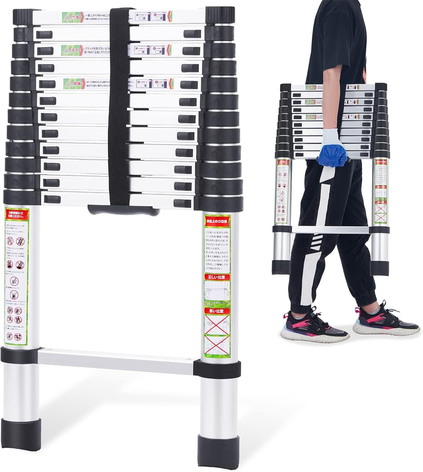 シルバー.6.2M 伸縮はしご 耐荷重150kg 軽量 持ち運びやすい 折り畳み 伸縮梯子 多機能アルミはしご 自動ロック スライド式 伸縮自在 梯子 室内室外両用 スライド式