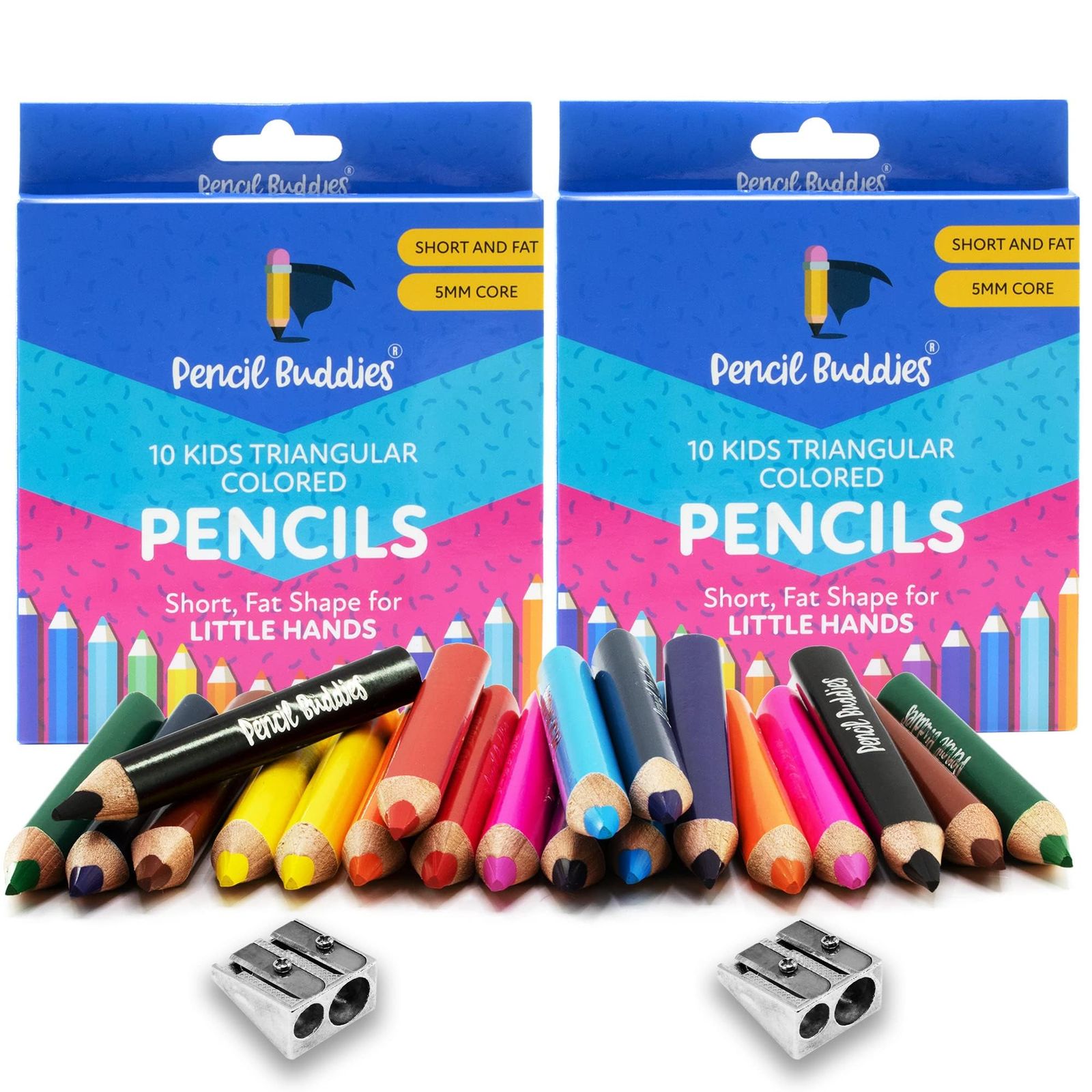 Pencil Buddies 子供用色鉛筆セット 2セット - 短い太い三角形の鉛筆 子供用 2-7歳 - ジャンボ鉛筆 就学前|幼稚園|幼児| 用 - 三角形の鉛筆セット シャープナー付き 22 Piece Set