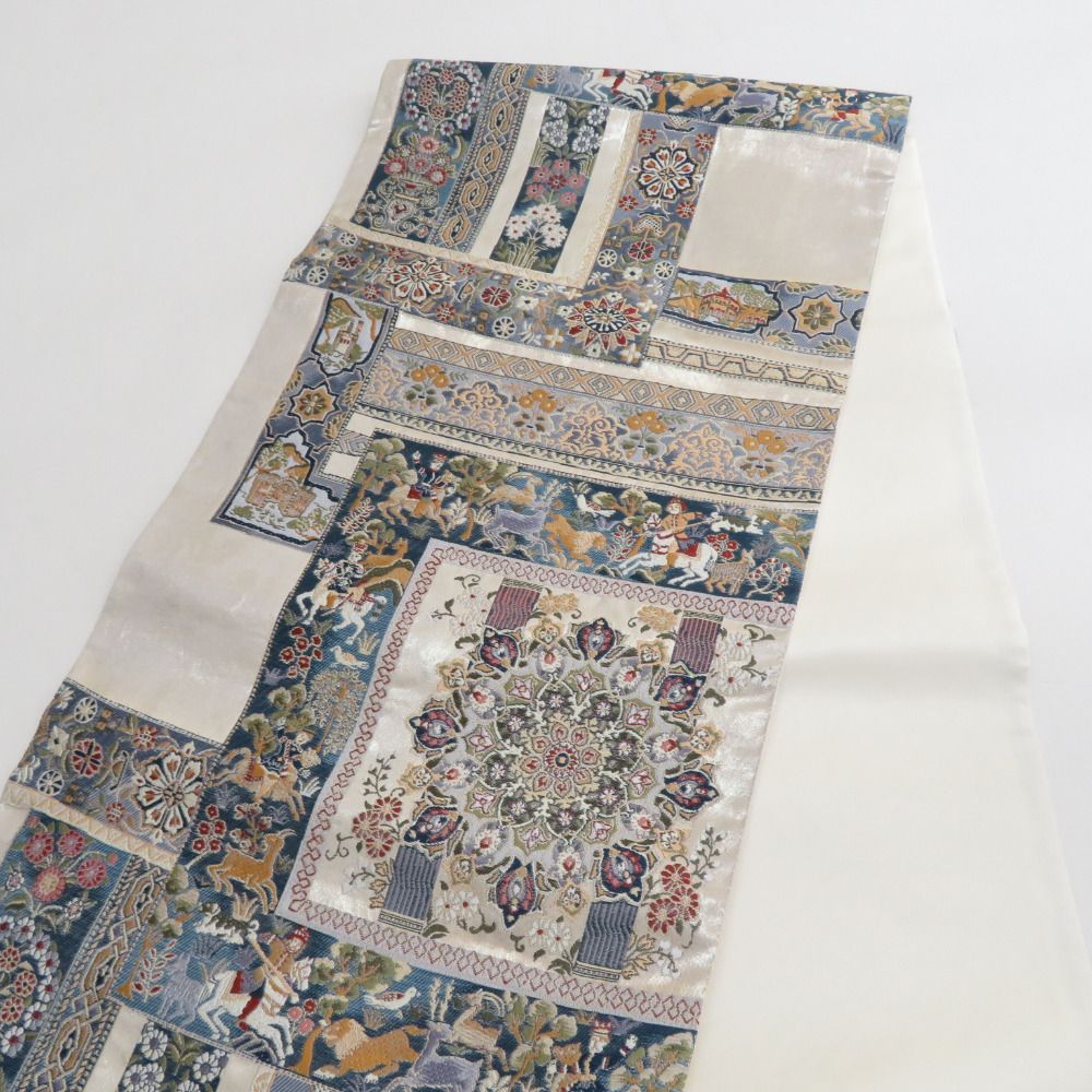 袋帯 北欧壁画文様 六通柄 金糸銀糸 エスニック調 ベージュ色x緑色x