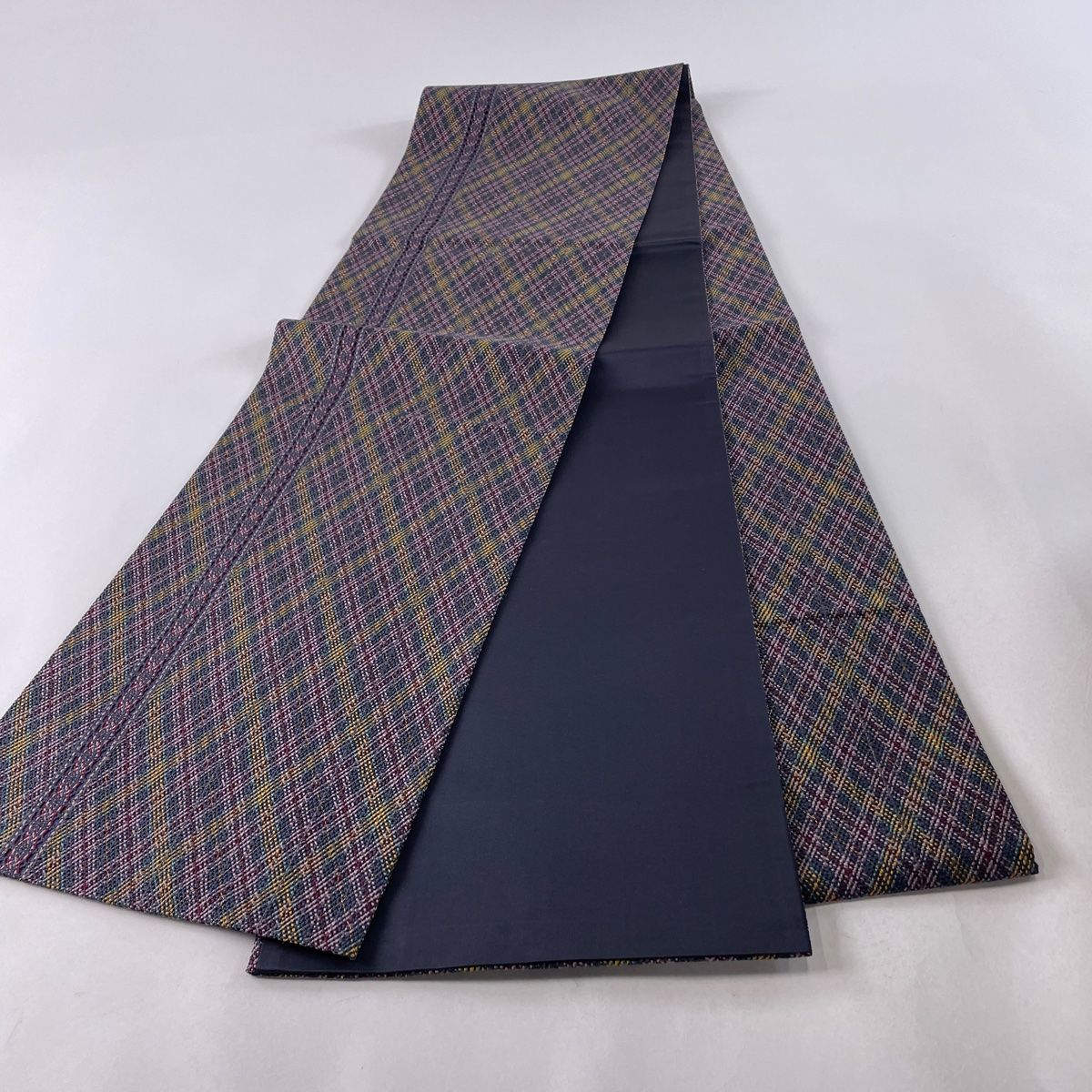 袋帯 美品 名品 斜格子 幾何学 金糸 青紫 全通 正絹 【中古