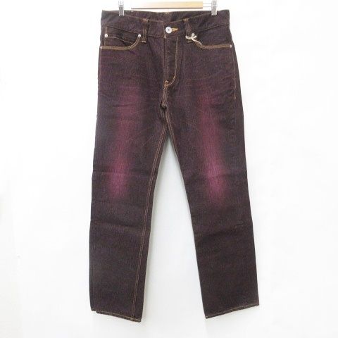 ランヘリ RANHERRI 尾州デニム BISHU DENIM パンツ カラーデニム ジーンズ ストレート ロング ビンテージ加工 綿 ボルドー エンジ パープル 35 サンプル品