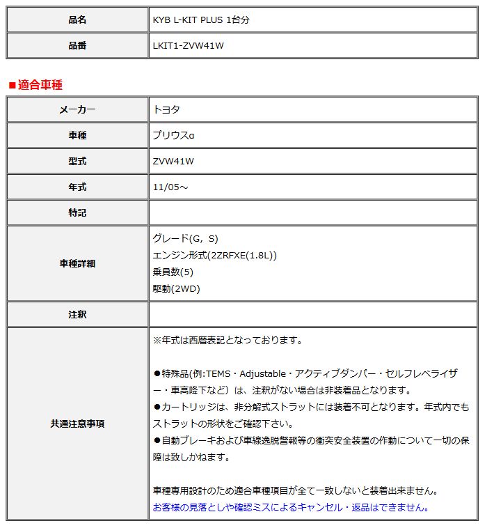 KYB カヤバ エルキットプラス L-KIT PLUS 1台分 プリウスα ZVW41W 11 05～ LKIT1-ZVW41W