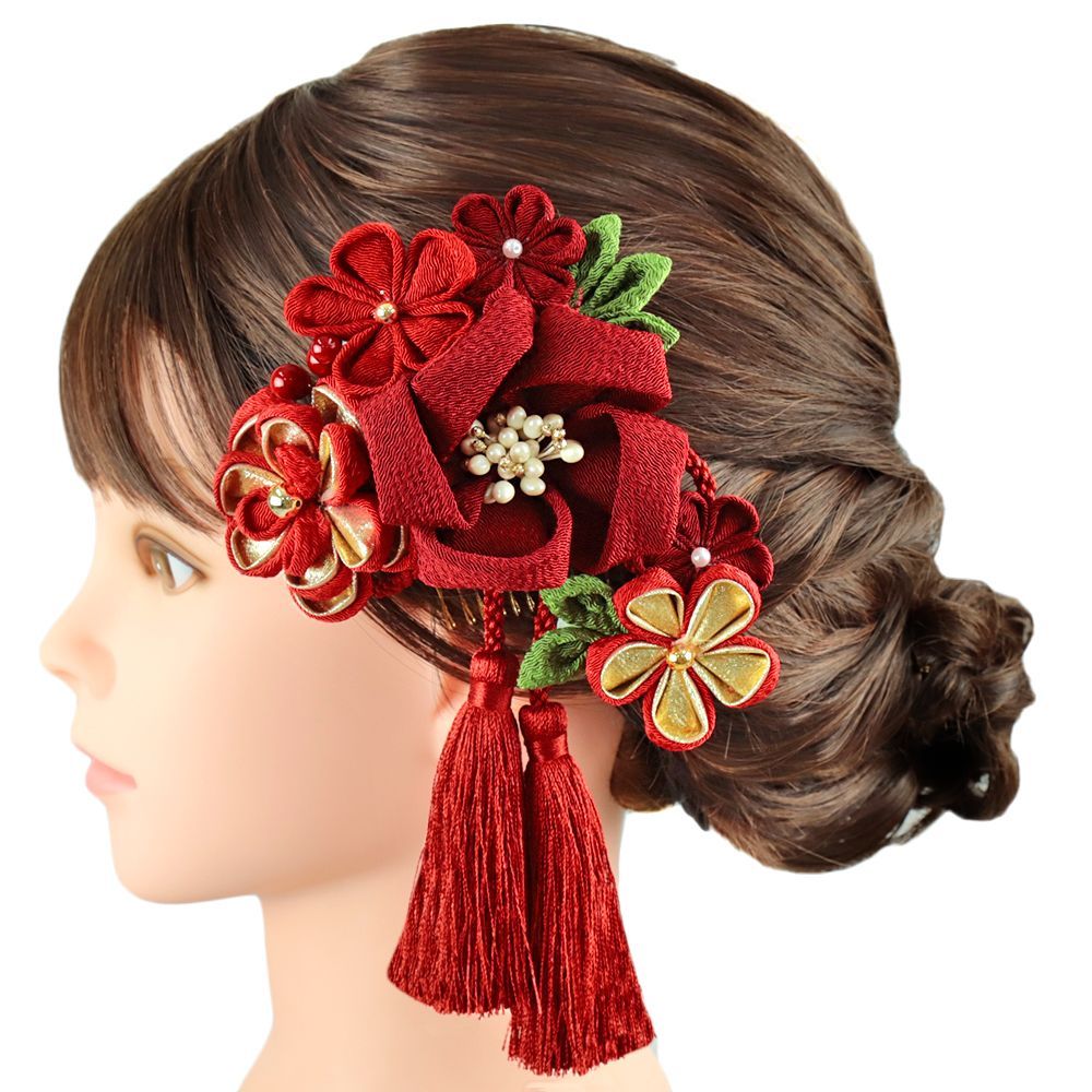 髪飾り3点セット 振袖 成人式 kk-057 つまみ細工 花 白 ピンク 赤