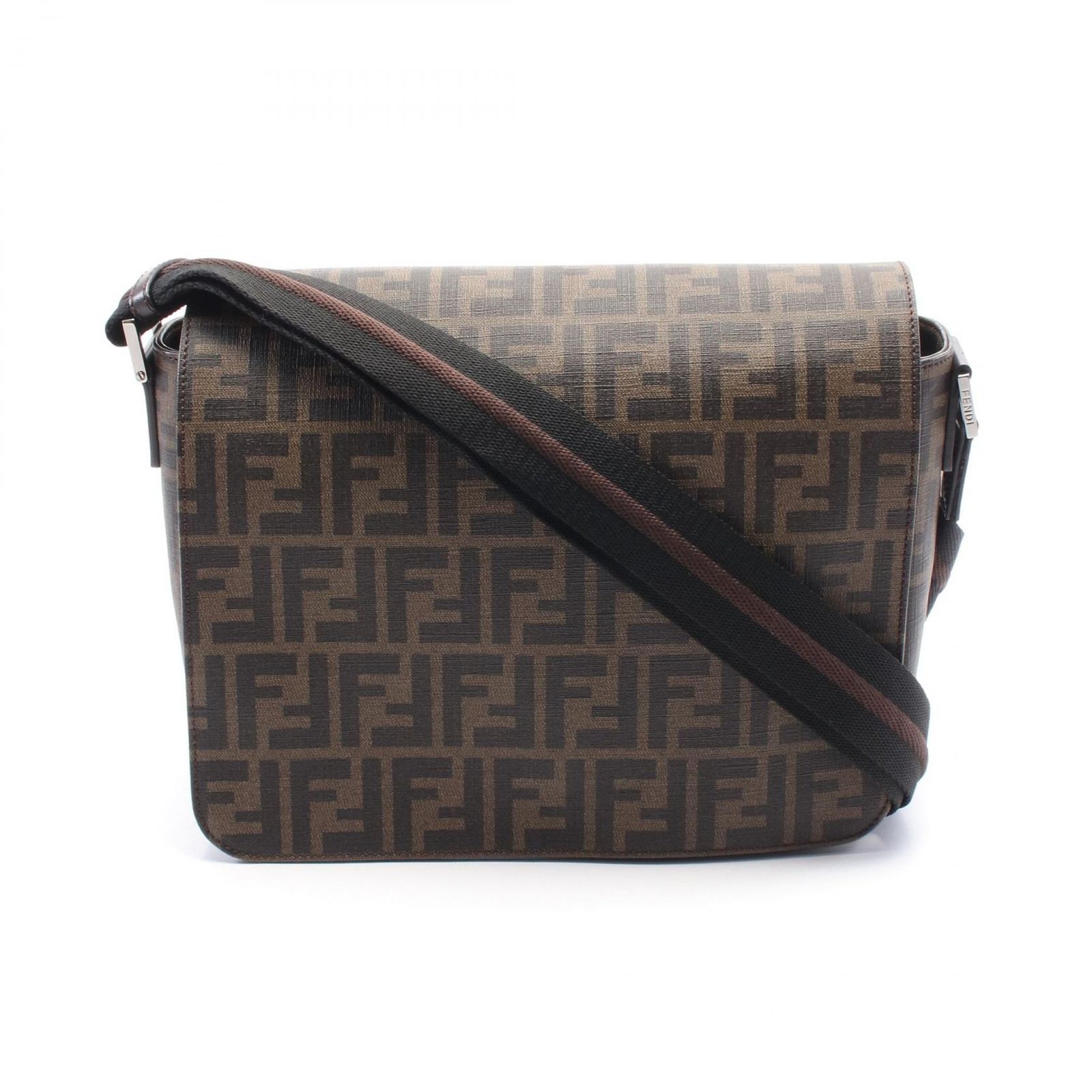 フェンディ FENDI ショルダーバッグ ズッカ ブラック|カーキ PVCコーティングキャンバス レザー ズッカ ショルダーバッグ レディース Used A