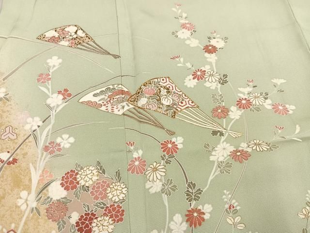 平和屋着物□訪問着 駒刺繍 扇面枝花文 暈し染め 金彩