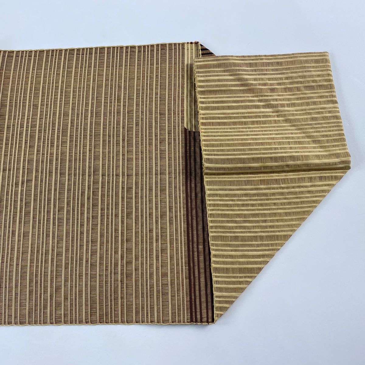 名古屋帯 優品 八寸名古屋帯 松葉仕立て 縞 よろけ縞 薄茶色 正絹