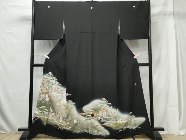 逸品❇️ますいわ屋扱い黒留め袖　有名作家手描友禅暈し染め　22点総フルセット 平和屋着物□豪華黒留袖 作家物 駒刺繍 流水花車文 暈し染め