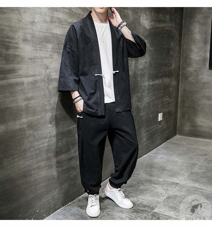 リネン セットアップ メンズ 夏 半袖 2点セット 綿麻 トップス カーディガン おしゃれ ジャージ スウェット 薄手 接触冷感 サルエルパンツ シャツ ハーフ パンツ 通気 部屋着 カジュアル上下セット 着物 ジョガーパンツ aeOr 531