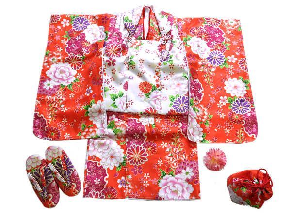 着物美人 送料込み 七五三 3歳着物 女の子 被布セット 3歳女の子被布 3歳女の子着物 3歳被布 女の子着物 女の子被布 子供被布 子供着物 七五三被布 七五三着物 女児 キッズ 3歳-5歳 オレンジ 白 花 m503083