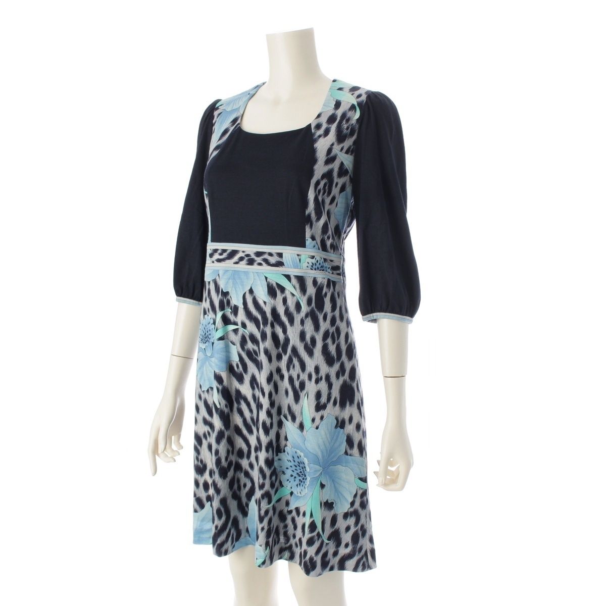 レオナール ウール フラワー 花柄 レオパード バックジップ ワンピース ドレス 0340906 ブルー ネイビー 38