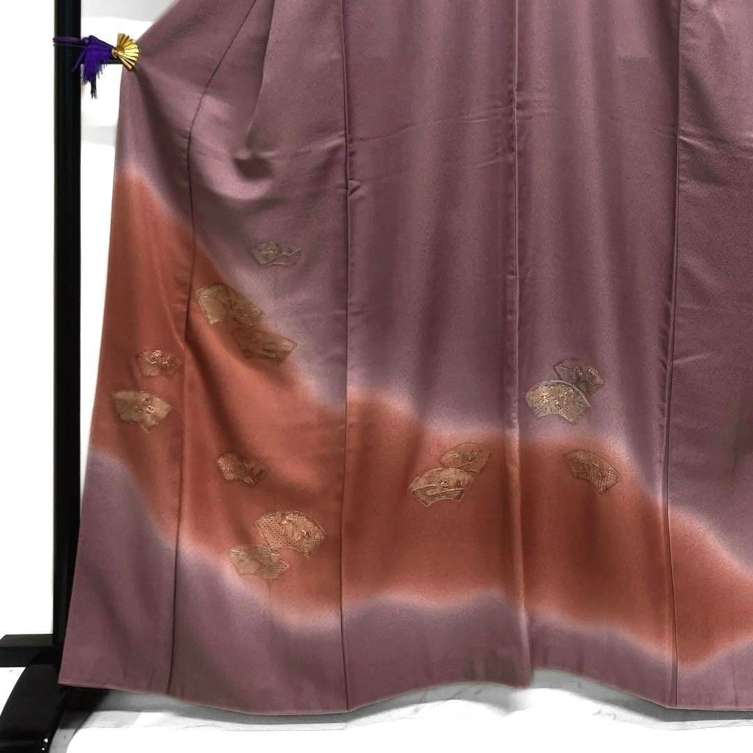付け下げスワトウ刺繍扇花模様ヱ霞パープル着物113a d