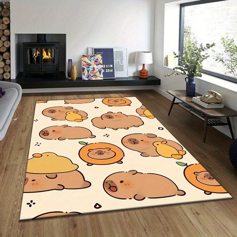 でカラフルな かわいいカピバラプリントのフランネル床マット