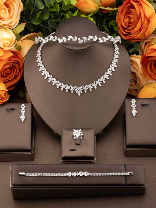 ジュエリー レディース セット 1セット エレガントキュービックジルコニア 小麦の穂 - ヤナギデザイン ジュエリーセット 女性の結婚式やバンケット向け ピアス1ペア ネックレス1本 ブレスレット1本 リング1