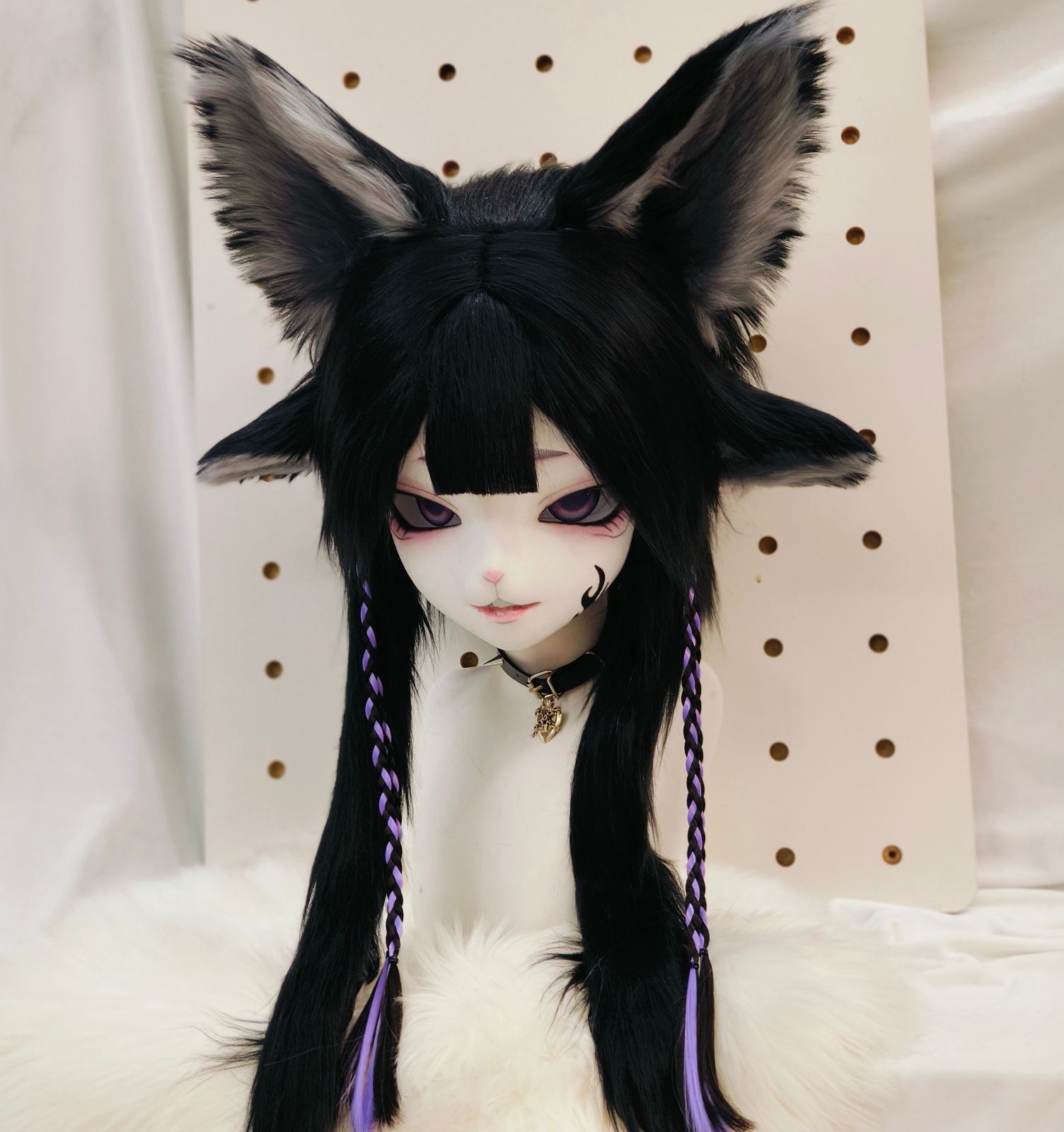 着ぐるみヘッド ファースーツ キツネ 四つ耳 パープル 全頭ヘッド ケモノ マスク ぬいぐるみ コスプレ コスチューム kigurumi