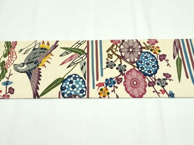 平和屋本店□極上 城間紅型 全通柄 九寸名古屋帯 松竹梅飛鶴文 上代22