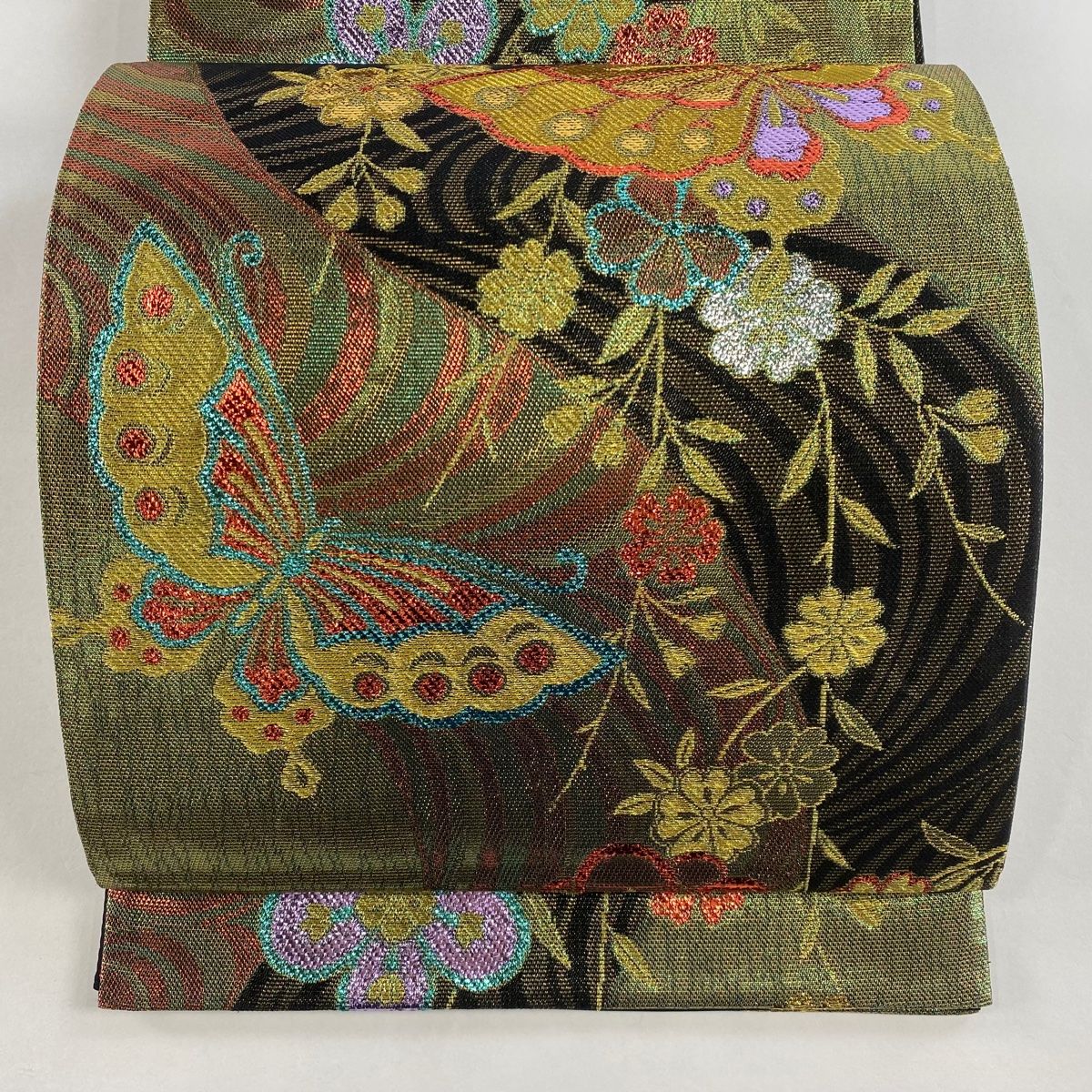 袋帯 美品 秀品 証紙 振袖向き 蝶 桜 金糸 箔 黄緑色 六通 正絹