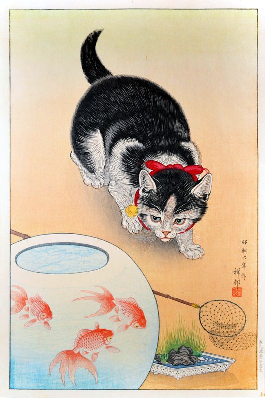 小原古邨 金魚鉢に猫 約36.2×24cm 小サイズ 複製ポスター 新版画 和