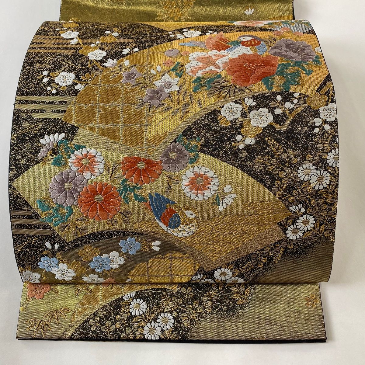 袋帯 美品 秀品 扇面 花鳥 刺繍 金糸 墨色 六通 正絹 【中古