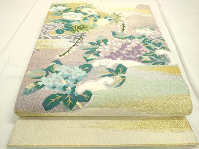 平和屋着物◎六通太鼓柄袋帯 駒刺繍 総刺繍 草花文 銀糸