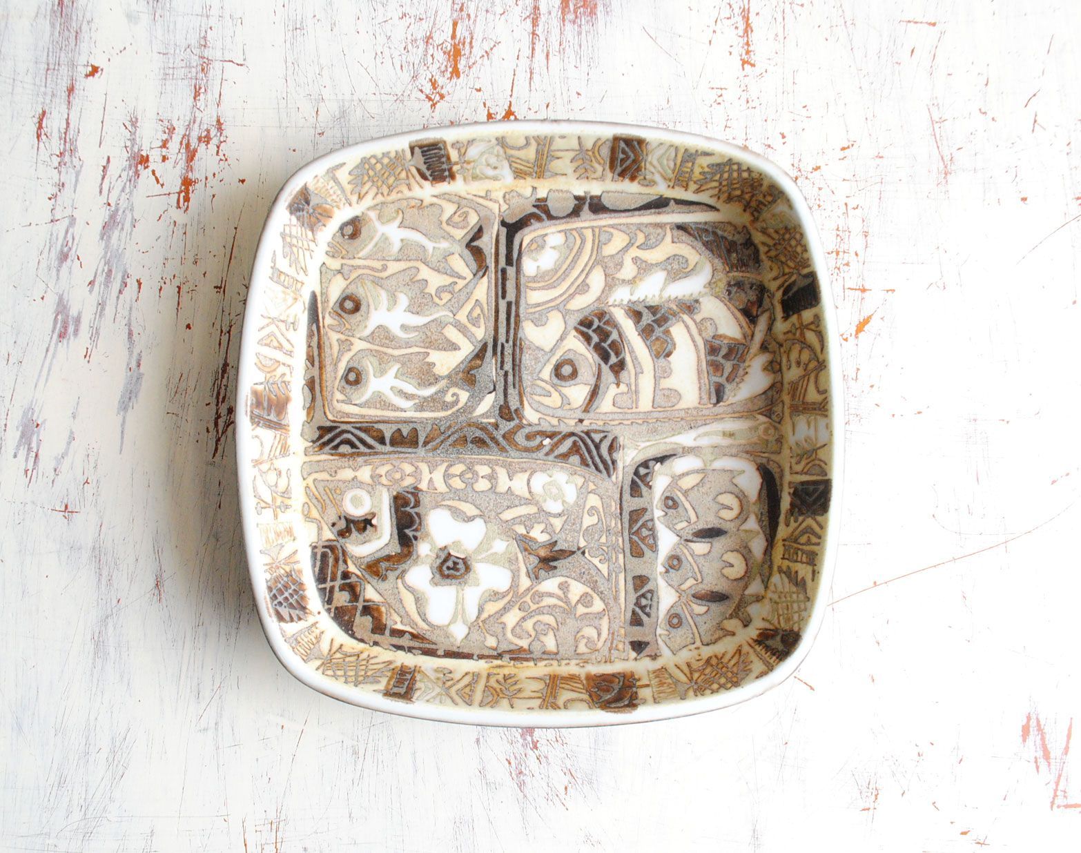 Royal Copenhagen Fajance Baca スクエアトレー 17cm プレート 魚柄 Nils Thorsson ロイヤルコペンハーゲン 北欧 アンティーク_230117