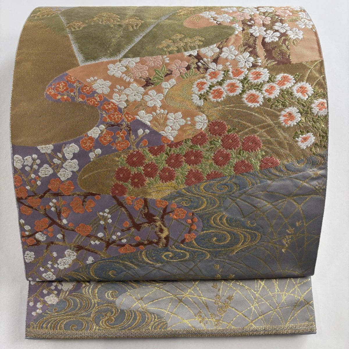 袋帯 名品 服部織物 落款 関西仕立て 草花 流水 箔 唐織 灰緑 六通 正絹