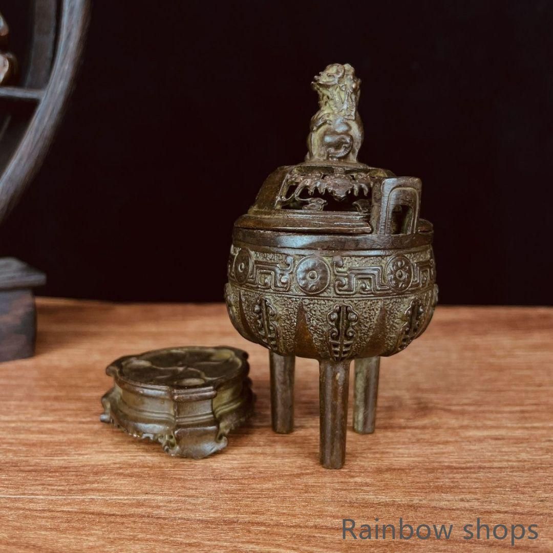銅器 象首耳八稜三足双耳双龍薫香炉  盤香炉  檀香炉 工芸品 美術品 置物 銅器 象首耳八稜三足双耳双龍薫香炉 盤香炉 檀香炉 工芸品 美術