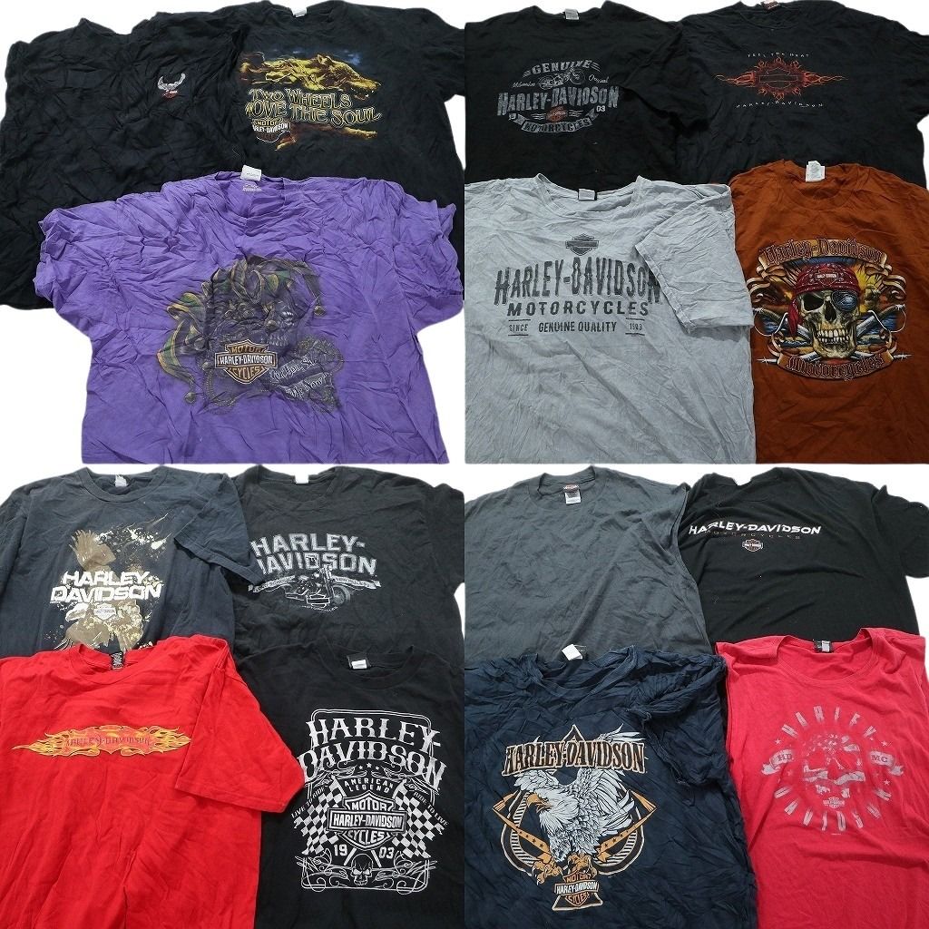 古着卸 まとめ売り ハーレーダビッドソン半袖Tシャツ 15枚セット (メンズ 2XL /3XL ) ロゴプリント ブラック 鷲 無地 スカル グレー MU9454