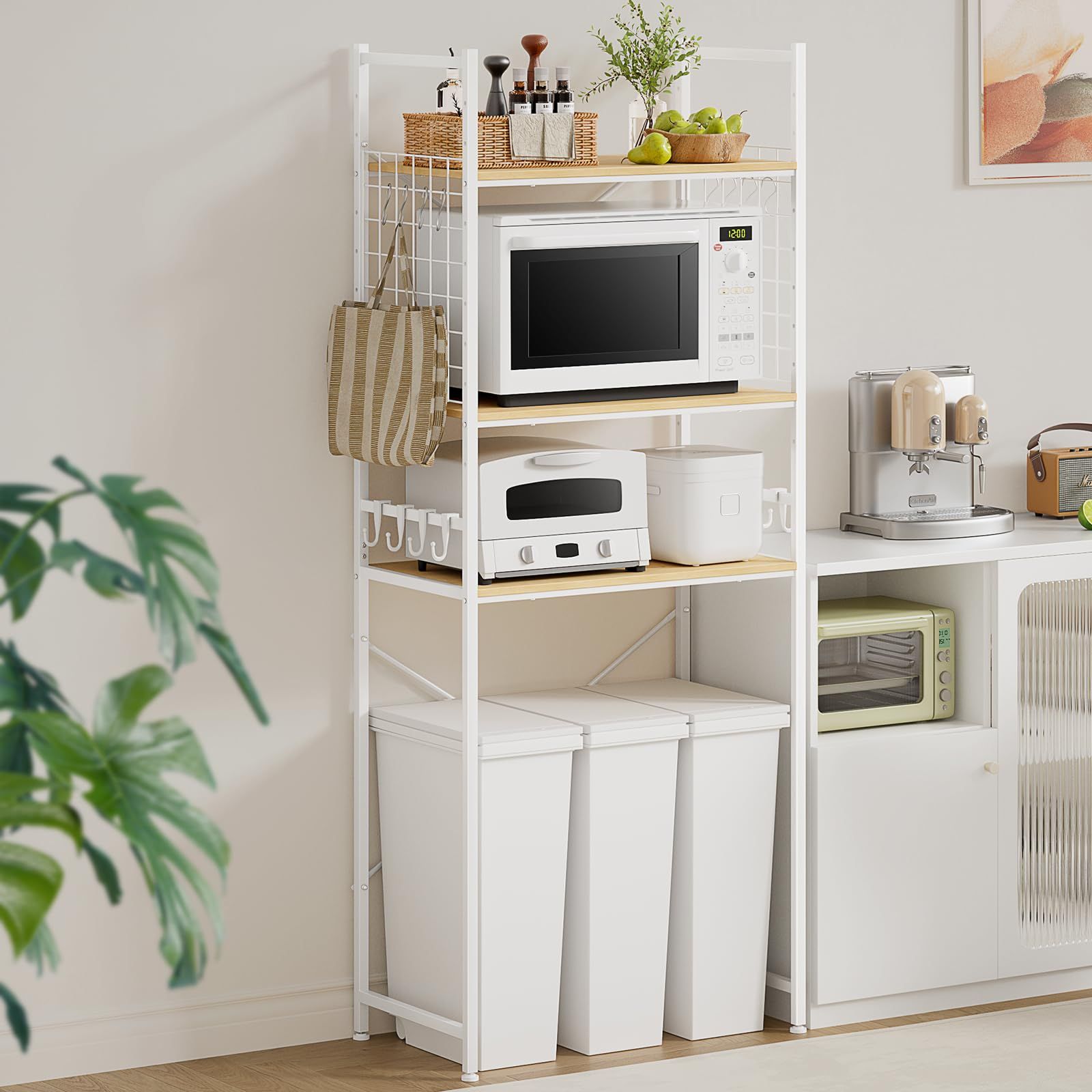 TTWO 冷蔵庫ラック ゴミ箱上ラック 幅60×奥行40×高さ180cm キッチンベイカーラック 小型冷蔵庫対応 3枚可動棚 高さ11段調節 レンジラック 電子レンジ収納 キッチンラック 冷蔵庫上収納 総耐荷重45kg フック 16個付き レンジ台 省ス