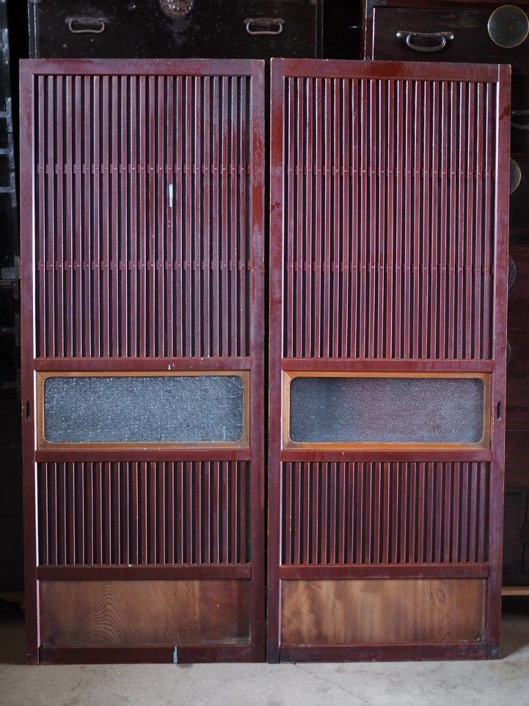 古民家の上質なレトロガラス格子引き戸2枚セット 昭和前期 古録