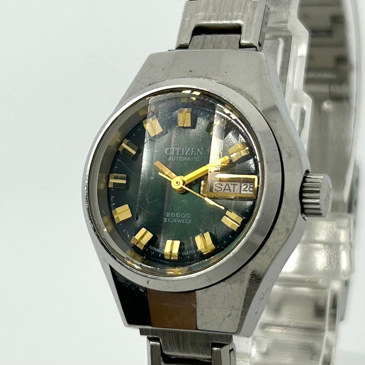 稼働品 citizen シチズン オートマチック 腕時計 レディース 4-661125 Y 自動巻き 21石 デイデイト グリーン文字盤 ビンテージ クラシック レトロ アナログ ドレスウォッチ シルバー カットガラス G5