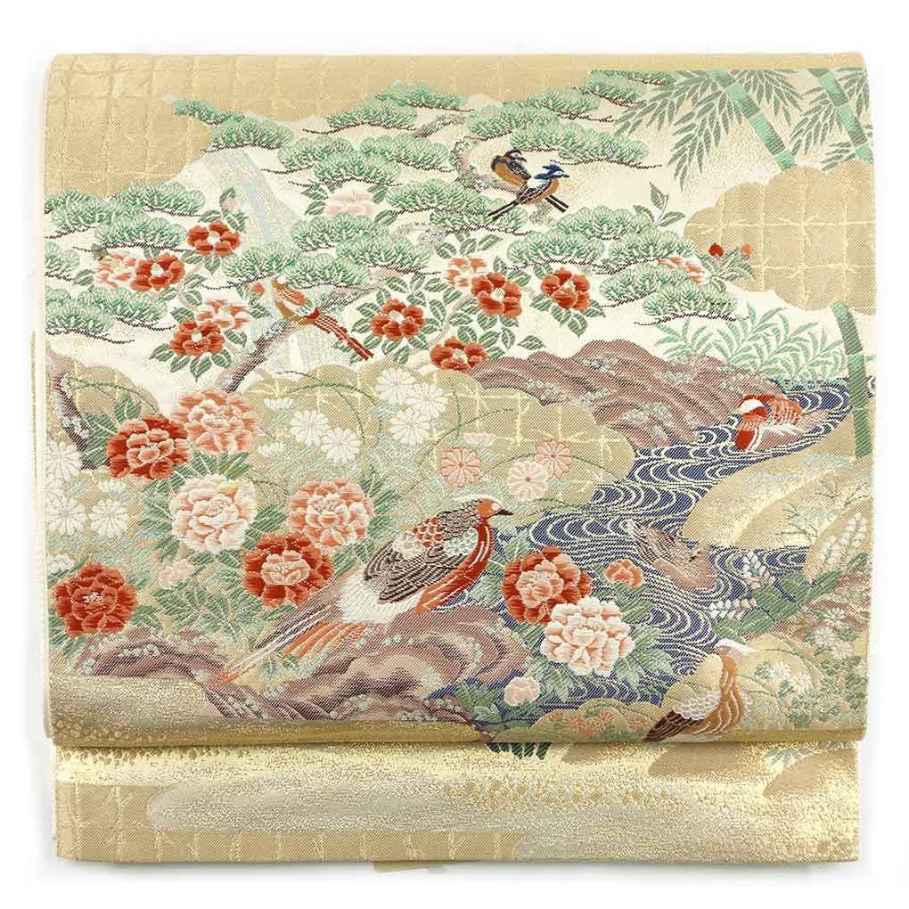 袋帯 幅30.5cm 長さ430cm レディース 四季の花柄 秋冬春用 正絹 シルク ゴールド やや難 リメイク リユース リサイクル 呉服のきくや