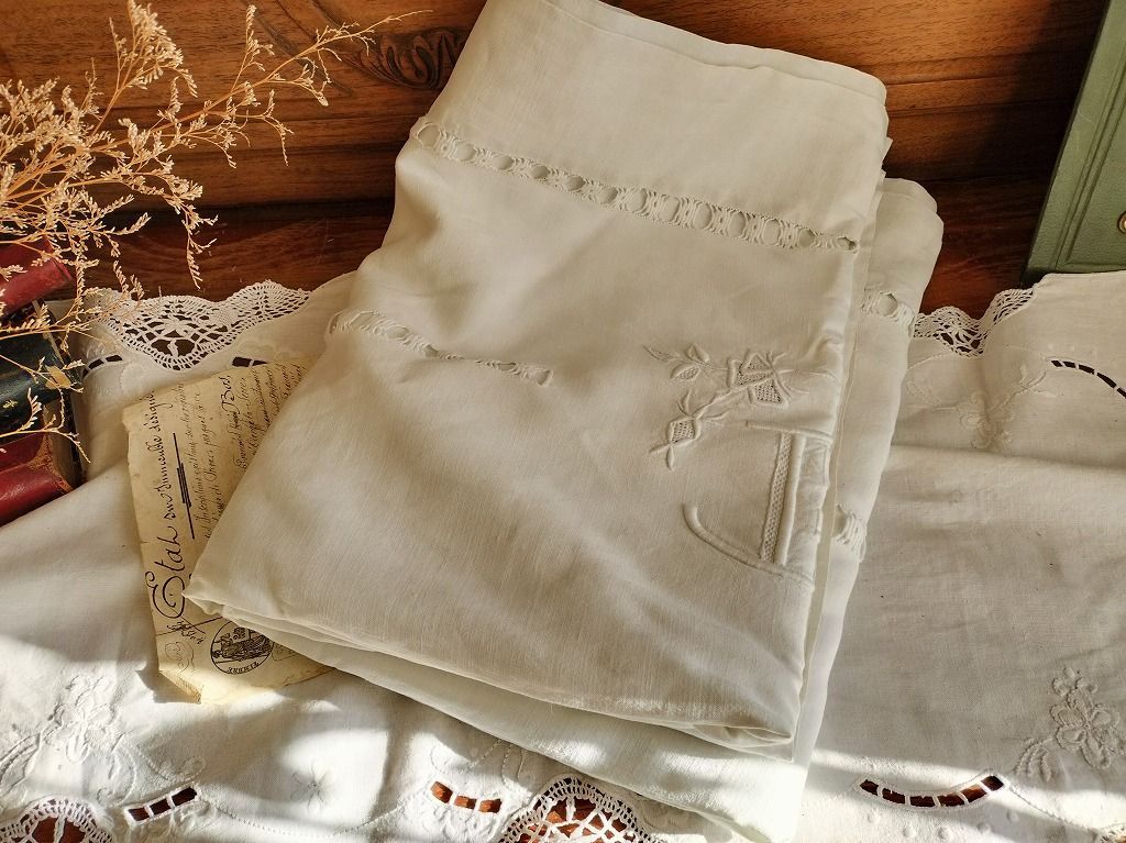 シーツ フランス リネン アンティーク 手刺繍 イニシャル イニシャル