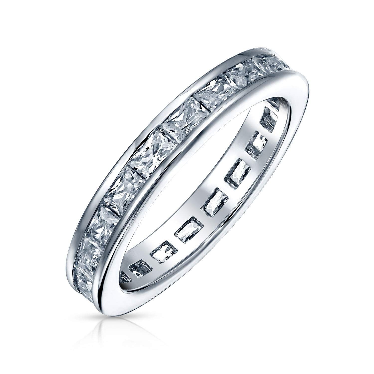 【人気商品】女性.925スターリングシルバー2MMのための簡単なキュービックジルコニアチャネルのプリンセスカットCZスタッカブルウェディングバンドの永遠リング Jewelry] [Bling