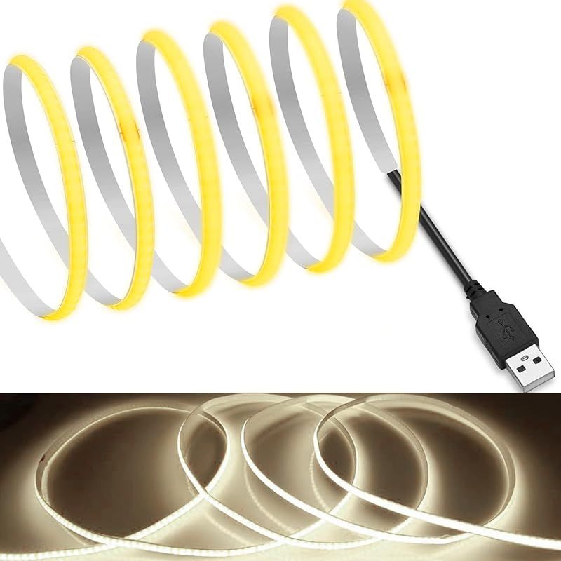 【RYE】 COB テープライトLEDストリップライトフレキシブル 高密度 幅5mm 隠れたLEDテープライト5m 320LEDs/m 昼光色4000K DC5V 180発光CRIu003e=90，両面テープ変形可能 切断可能 寝室 キッチンホーム オ