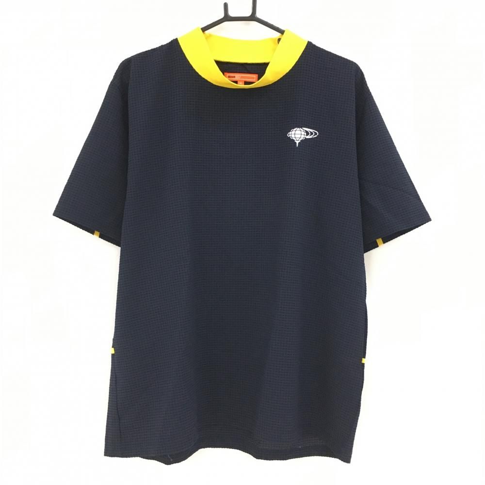 ビームスゴルフ 半袖ハイネックシャツ ネイビー×イエロー サッカー生地 ネック異素材 メンズ XL ゴルフウェア BEAMS GOLF