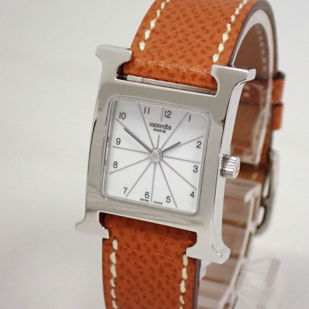 Th986251 エルメス Hウォッチ HH1.210 クォーツ SS 革ベルト ホワイト文字盤 レディース 腕時計 HERMES 良好