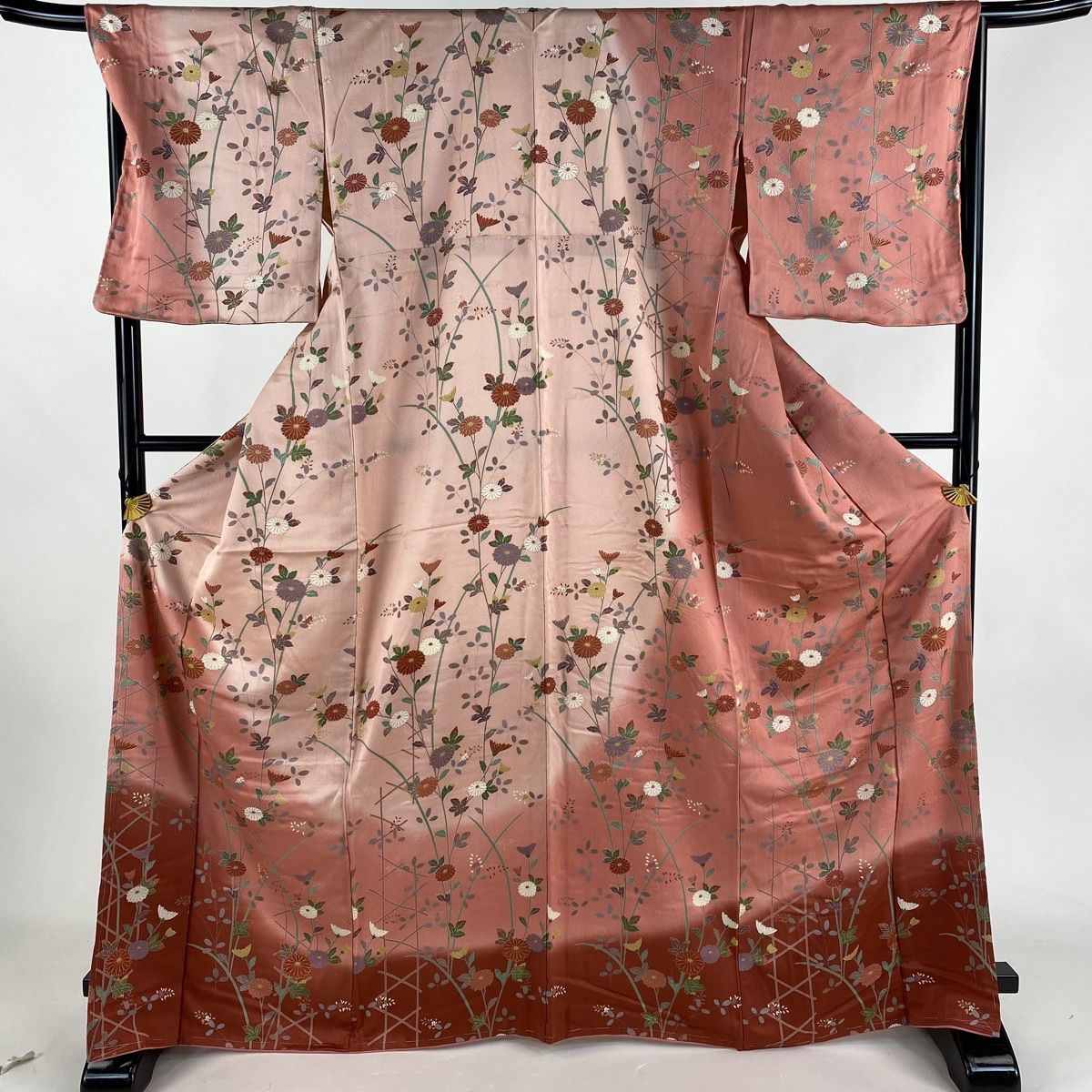 訪問着 身丈167.5cm 裄丈67.5cm L 袷 菊 萩 金彩 ぼかし ピンク 正絹 秀品